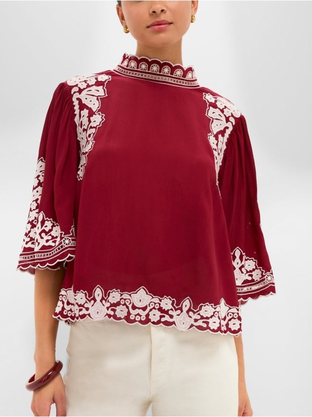 Farm Rio Burgundy Bicolor Palm Tree Embroidery Blouse - Picture 2 of 9